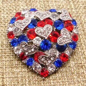 Heart Brooch Red White Blue Crystal Rhinestone Silver Tone Heart Shaped Designer